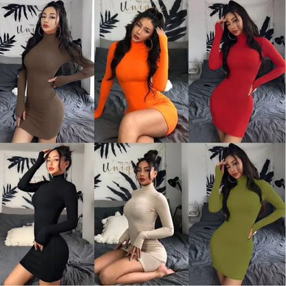 Spring Autumn Girls Long Sleeve Bodycon Dress for Women Turtleneck Casual Wrap Dresses