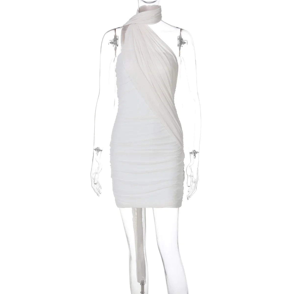 RedPeony Women Summer Halter Sleeveless Ruched Backless Bodycon Mesh Dress Solid Sexy Elegant Party Clubwear Women Mini Dress