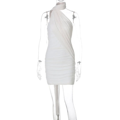 RedPeony Women Summer Halter Sleeveless Ruched Backless Bodycon Mesh Dress Solid Sexy Elegant Party Clubwear Women Mini Dress