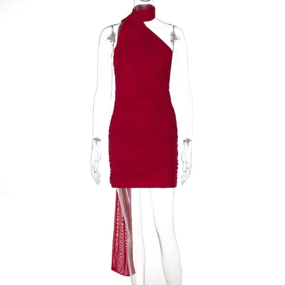 RedPeony Women Summer Halter Sleeveless Ruched Backless Bodycon Mesh Dress Solid Sexy Elegant Party Clubwear Women Mini Dress
