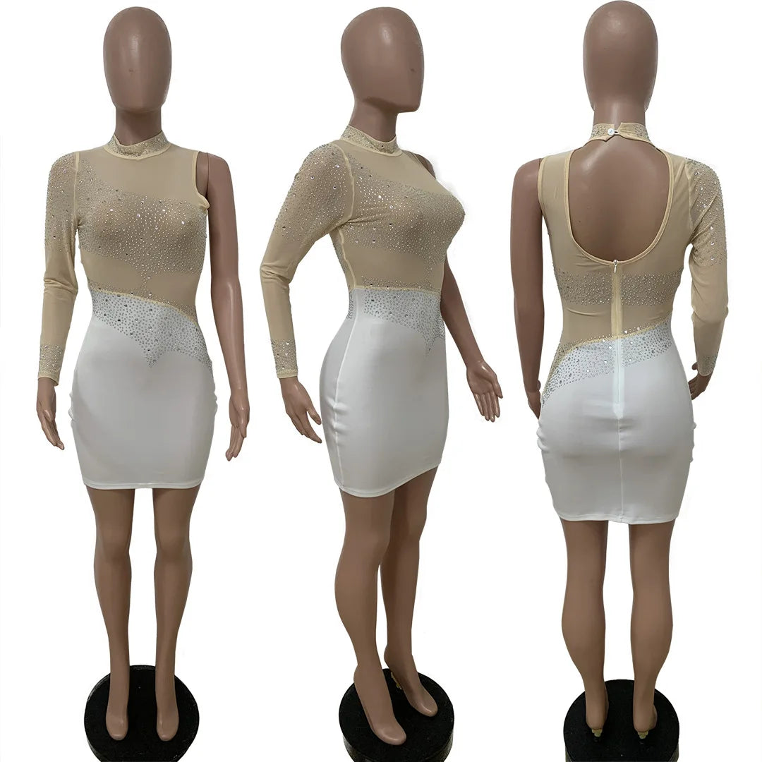 Slim Fit Women's Dress for Nightclub Parties Strapless Hip Wrap Ruched Hot Diamond High Collar Long Sleeve Ladies' Sexy Dress