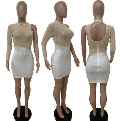 Slim Fit Women's Dress for Nightclub Parties Strapless Hip Wrap Ruched Hot Diamond High Collar Long Sleeve Ladies' Sexy Dress