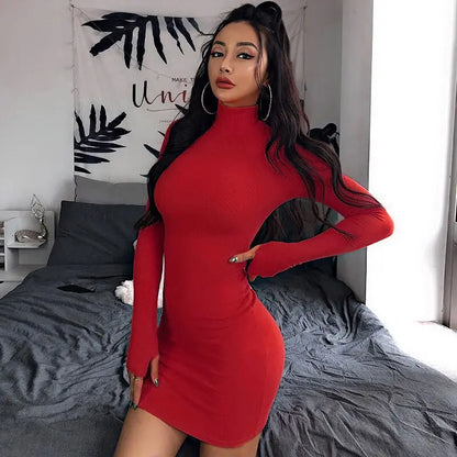 Spring Autumn Girls Long Sleeve Bodycon Dress for Women Turtleneck Casual Wrap Dresses