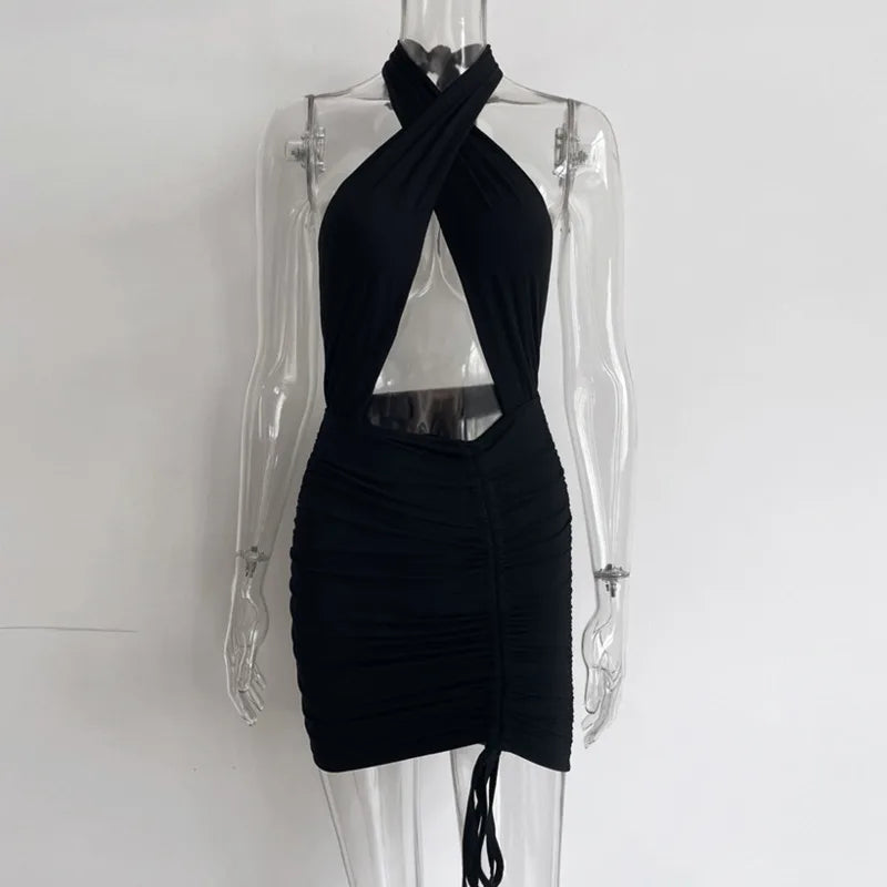 Josiaoprah 2025 New Backless Dress For Women Party Night Vestidos Cross Lace Up Bodycon Mini Dress Ladies Elegant Clubwear