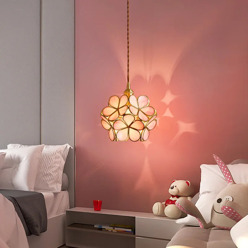Flower-Shaped Pendant Light - 22Cm Blue Pink Glass with Vintage Brass Finish for Elegant Decor