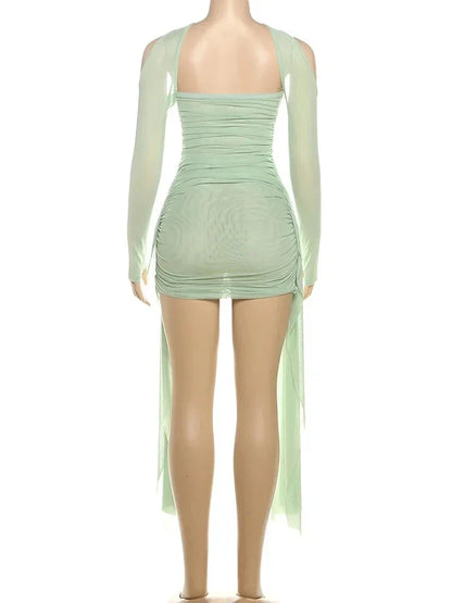 Shawl Women Ruched Side Ribbon Coquette Skinny Midnight Clubwear Party Bodycon Summer Vacation Sexy See Through Dress