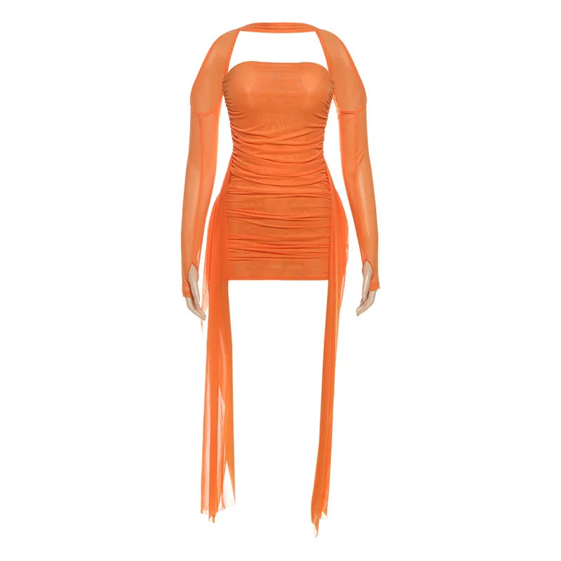 Shawl Women Ruched Side Ribbon Coquette Skinny Midnight Clubwear Party Bodycon Summer Vacation Sexy See Through Dress