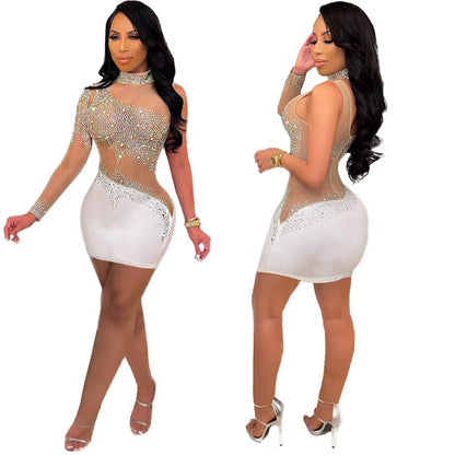 Slim Fit Women's Dress for Nightclub Parties Strapless Hip Wrap Ruched Hot Diamond High Collar Long Sleeve Ladies' Sexy Dress