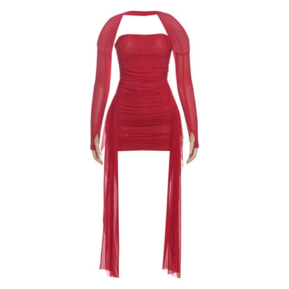 Shawl Women Ruched Side Ribbon Coquette Skinny Midnight Clubwear Party Bodycon Summer Vacation Sexy See Through Dress