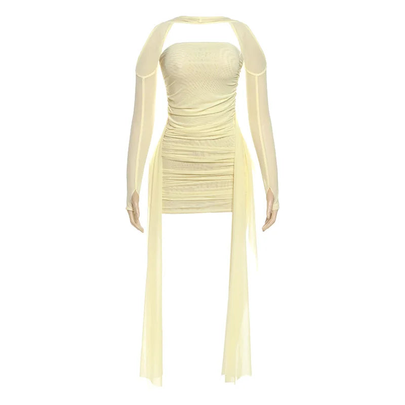 Shawl Women Ruched Side Ribbon Coquette Skinny Midnight Clubwear Party Bodycon Summer Vacation Sexy See Through Dress