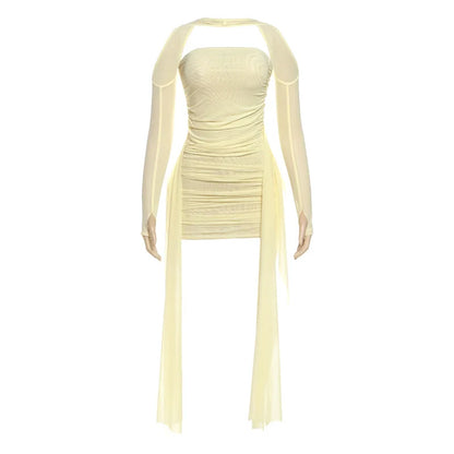 Shawl Women Ruched Side Ribbon Coquette Skinny Midnight Clubwear Party Bodycon Summer Vacation Sexy See Through Dress