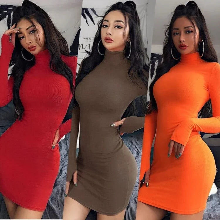 Spring Autumn Girls Long Sleeve Bodycon Dress for Women Turtleneck Casual Wrap Dresses