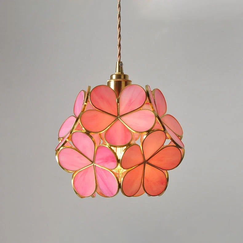 Flower-Shaped Pendant Light - 22Cm Blue Pink Glass with Vintage Brass Finish for Elegant Decor