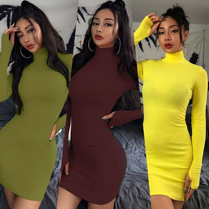 Spring Autumn Girls Long Sleeve Bodycon Dress for Women Turtleneck Casual Wrap Dresses