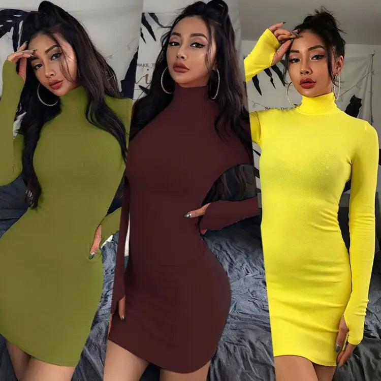 Spring Autumn Girls Long Sleeve Bodycon Dress for Women Turtleneck Casual Wrap Dresses