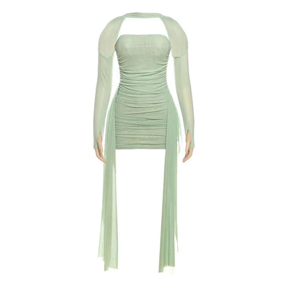 Shawl Women Ruched Side Ribbon Coquette Skinny Midnight Clubwear Party Bodycon Summer Vacation Sexy See Through Dress