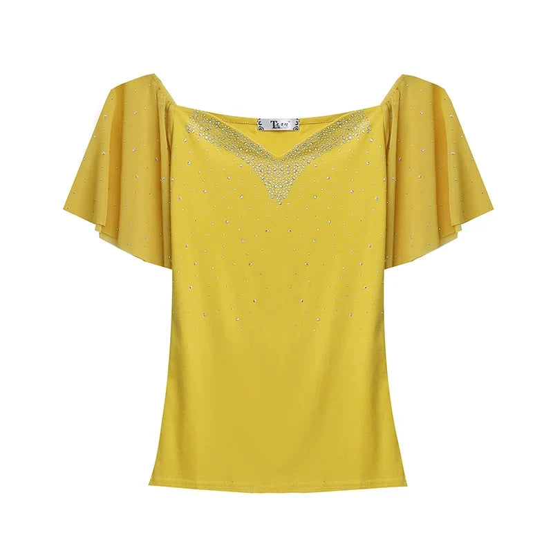 Summer Fashion Korean Clothes T-Shirt Sexy V-Neck Diamonds Cotton Women Tops Ruffled Sleeve Tees All Match 2022 New T07601