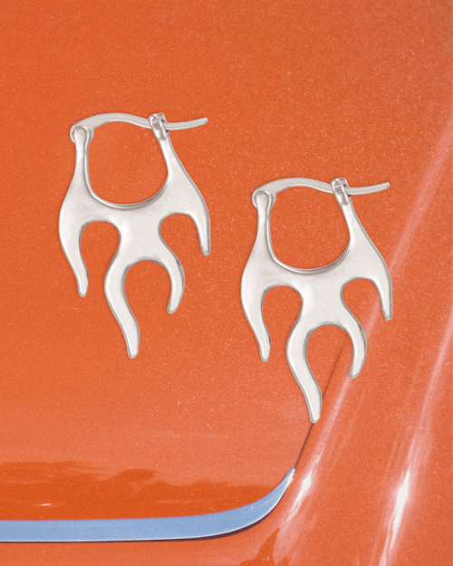 Hot Rod Silver Flames Hoop Earrings