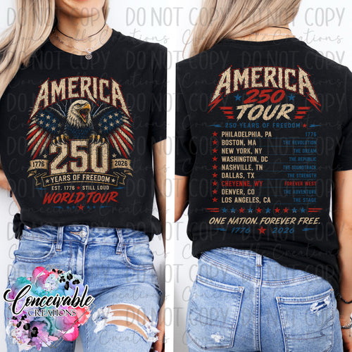 America 250 World Tour Tee – Front & Back Patriotic Concert Style Shirt