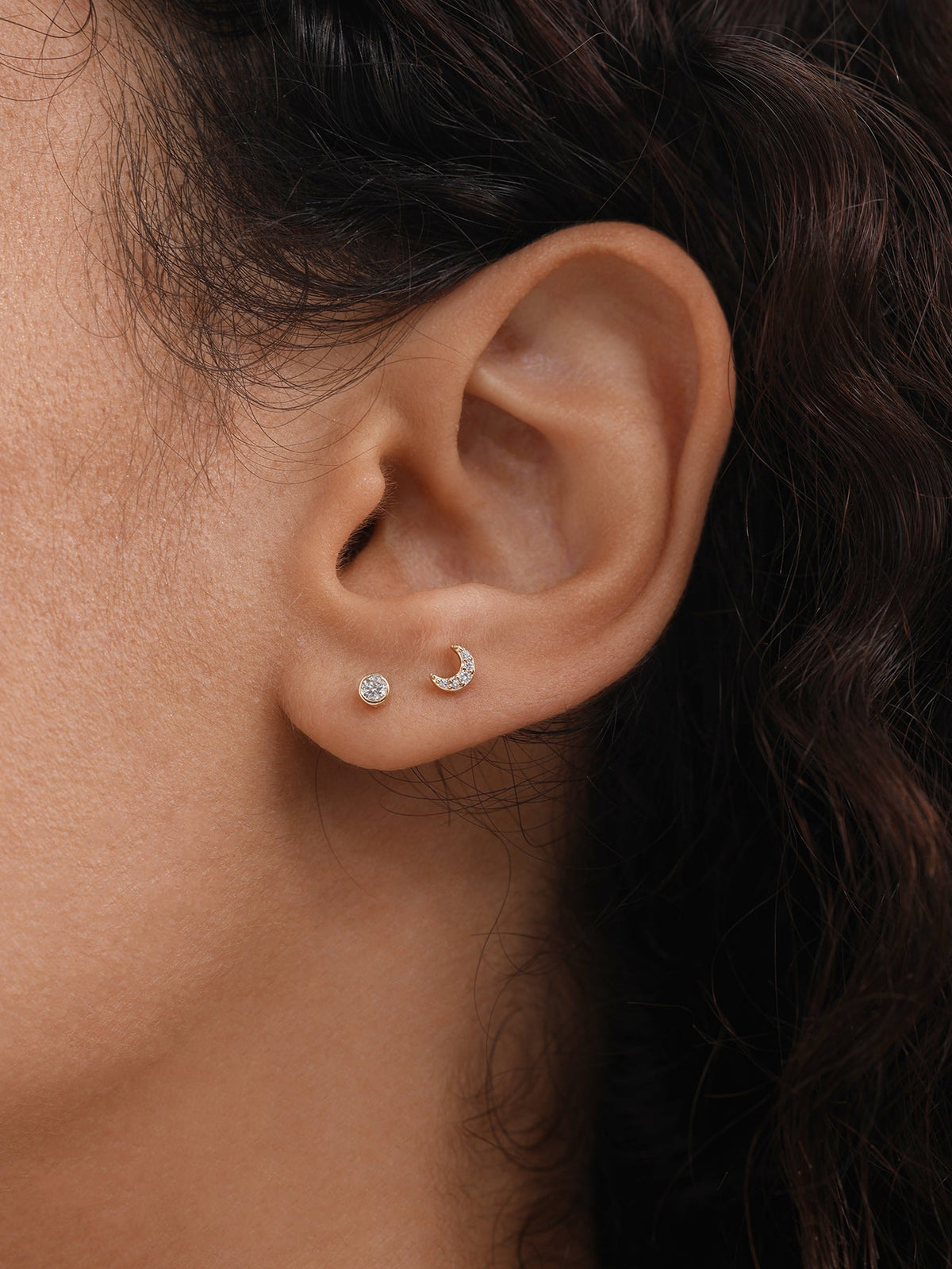 KOSINER 14K Solid Gold Delicate Moon Pave Flat Back Stud