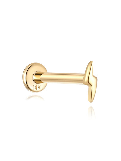 KOSINER 14K Solid Gold 4mm Minimalist Glossy Lightning Flat Back Stud