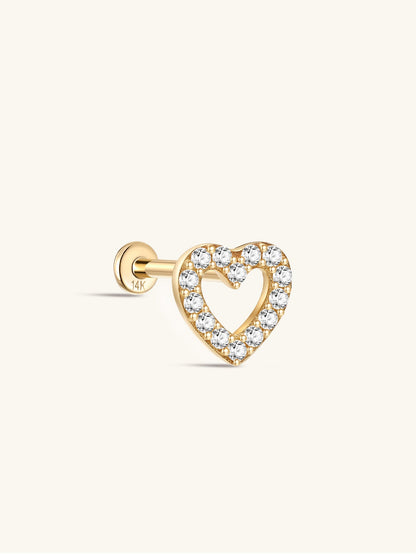 KOSINER 14K Solid Gold Delicate Hollow Heart Flat Back Stud