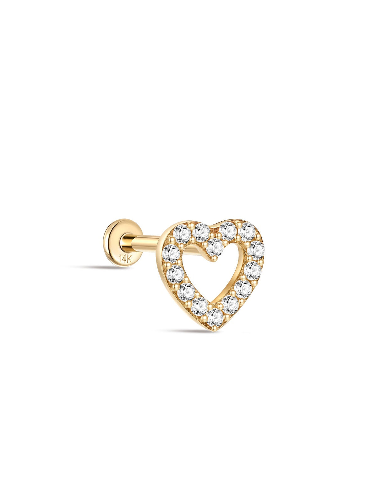 KOSINER 14K Solid Gold Delicate Hollow Heart Flat Back Stud