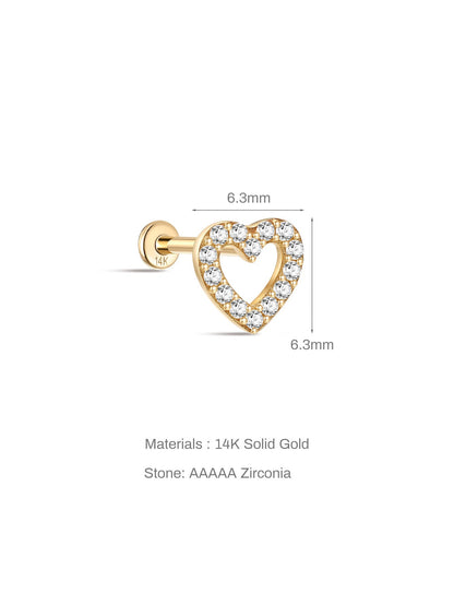 KOSINER 14K Solid Gold Delicate Hollow Heart Flat Back Stud
