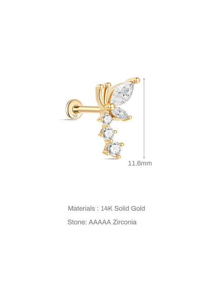 KOSINER 14K Solid Gold Elegant Flying Butterfly Flat Back Stud