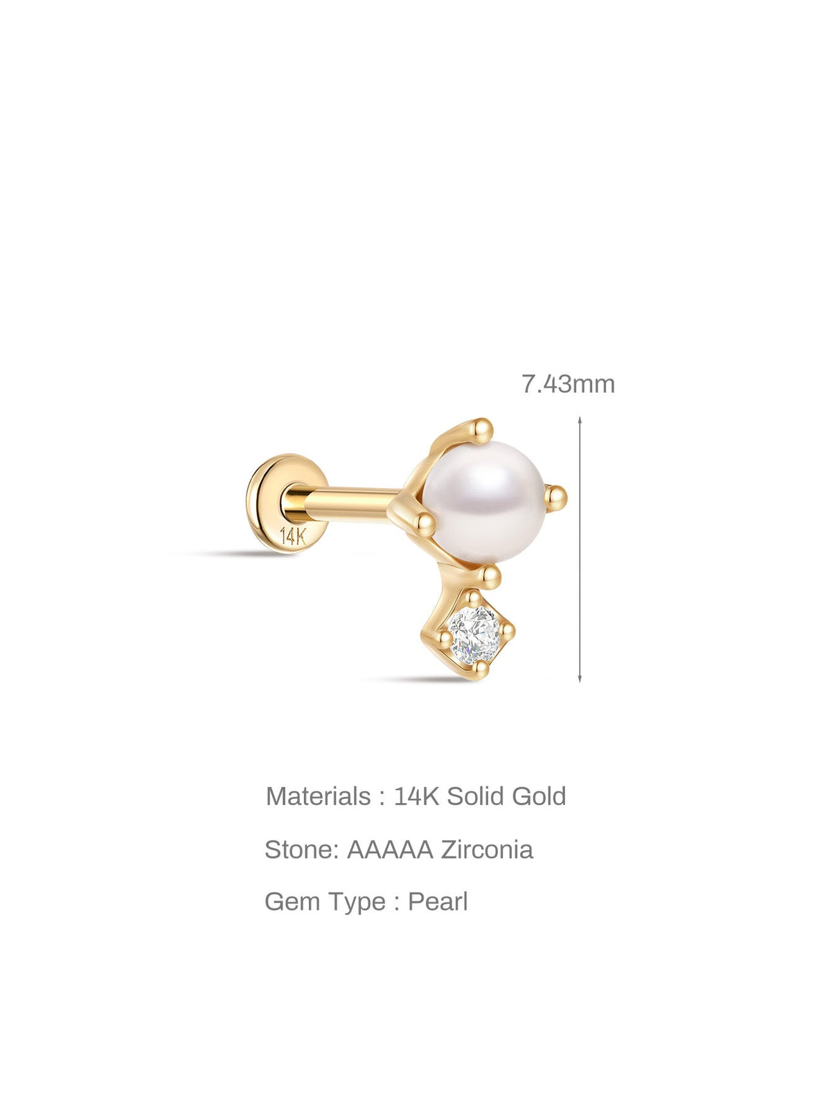 KOSINER 14K Solid Gold Elegant Pearl Flat Back Stud