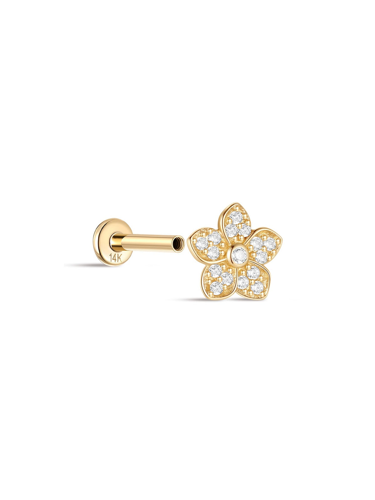 KOSINER 14K Solid Gold Delicate Five-Petal Flower Pave Flat Back Stud