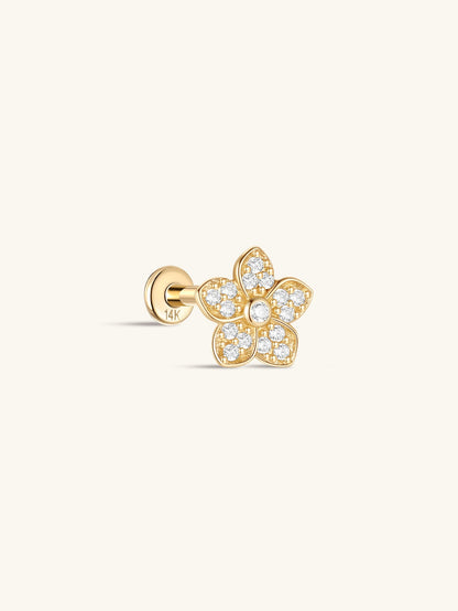 KOSINER 14K Solid Gold Delicate Five-Petal Flower Pave Flat Back Stud