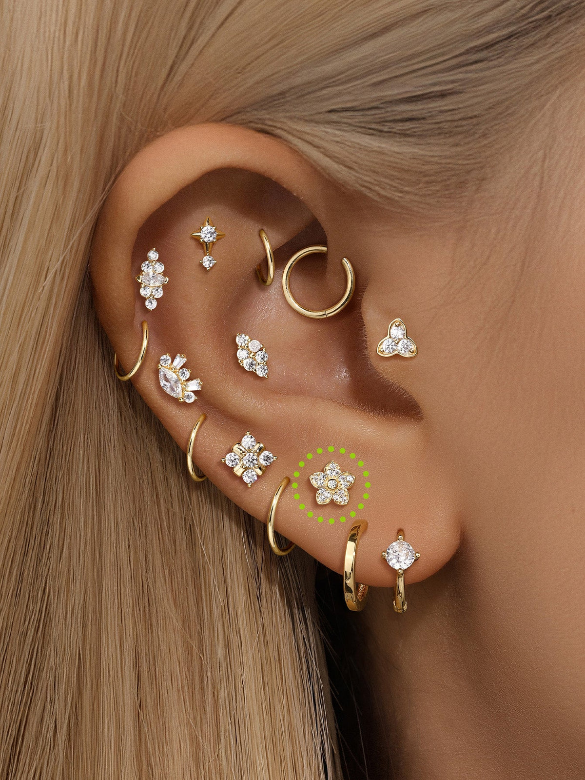KOSINER 14K Solid Gold Delicate Five-Petal Flower Pave Flat Back Stud
