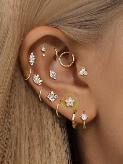 KOSINER 14K Solid Gold Delicate Five-Petal Flower Pave Flat Back Stud