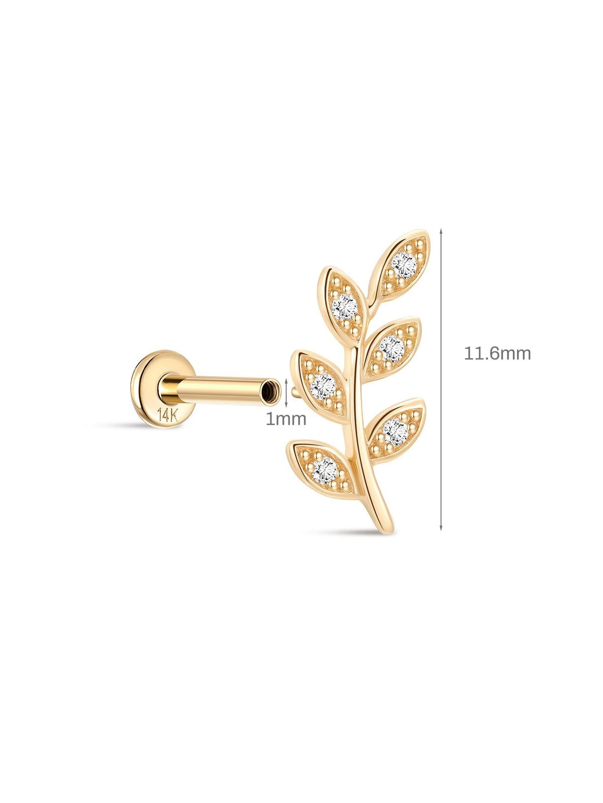 KOSINER 14K Solid Gold Delicate Leaf Flat Back Stud