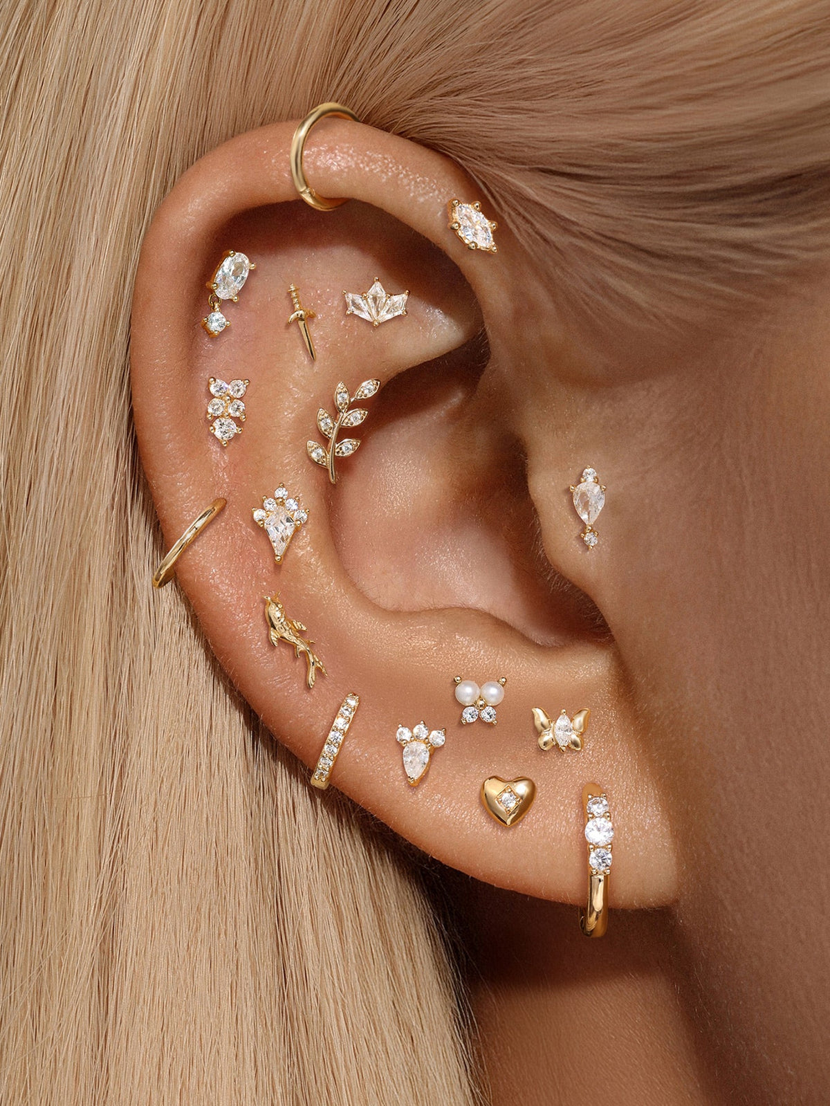 KOSINER 14K Solid Gold Delicate Leaf Flat Back Stud