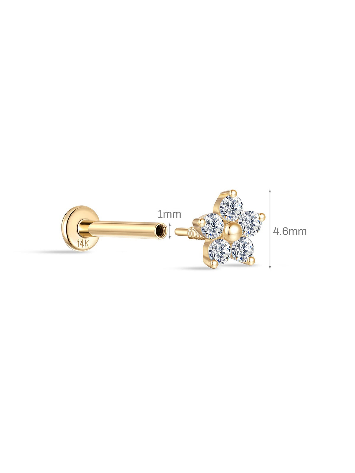 KOSINER 14K Solid Gold Delicate Five-Petal Flower Flat Back Stud