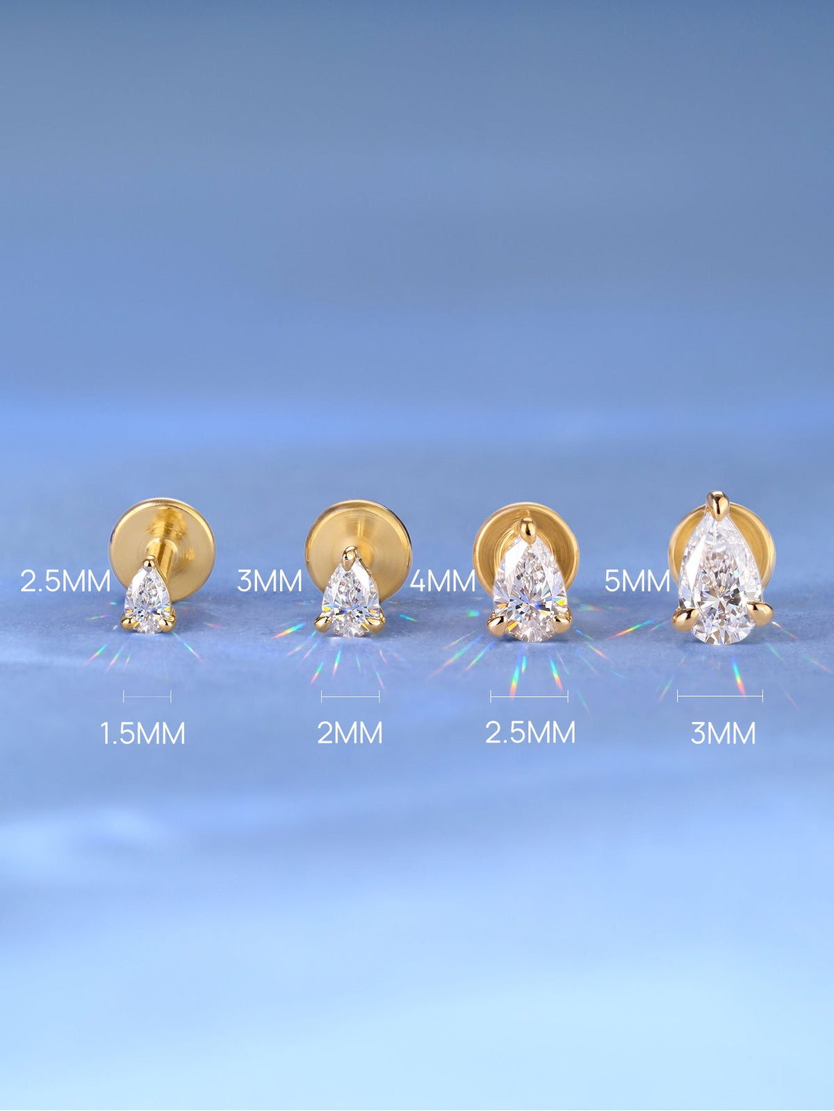 KOSINER 14K Solid Gold Pear Lab-Grown Diamond Flat Back Stud