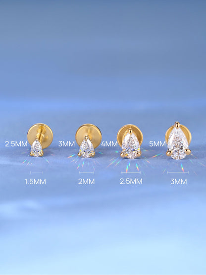 KOSINER 14K Solid Gold Pear Lab-Grown Diamond Flat Back Stud