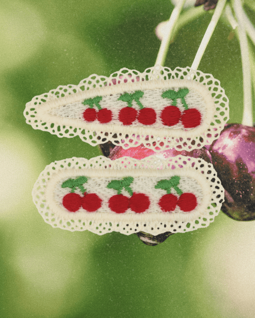 Knit Cherries Embroidered Hairclip Set