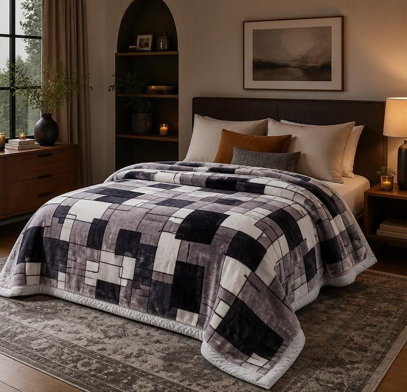 Korean Raschel 2-Ply Heavy Fleece Blanket, 78x90 Queen Size Reversible Geometric Plush Blanket
