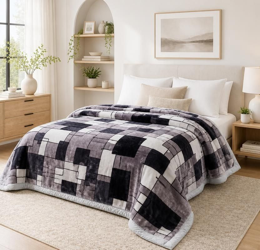 Korean Raschel 2-Ply Heavy Fleece Blanket, 78x90 Queen Size Reversible Geometric Plush Blanket