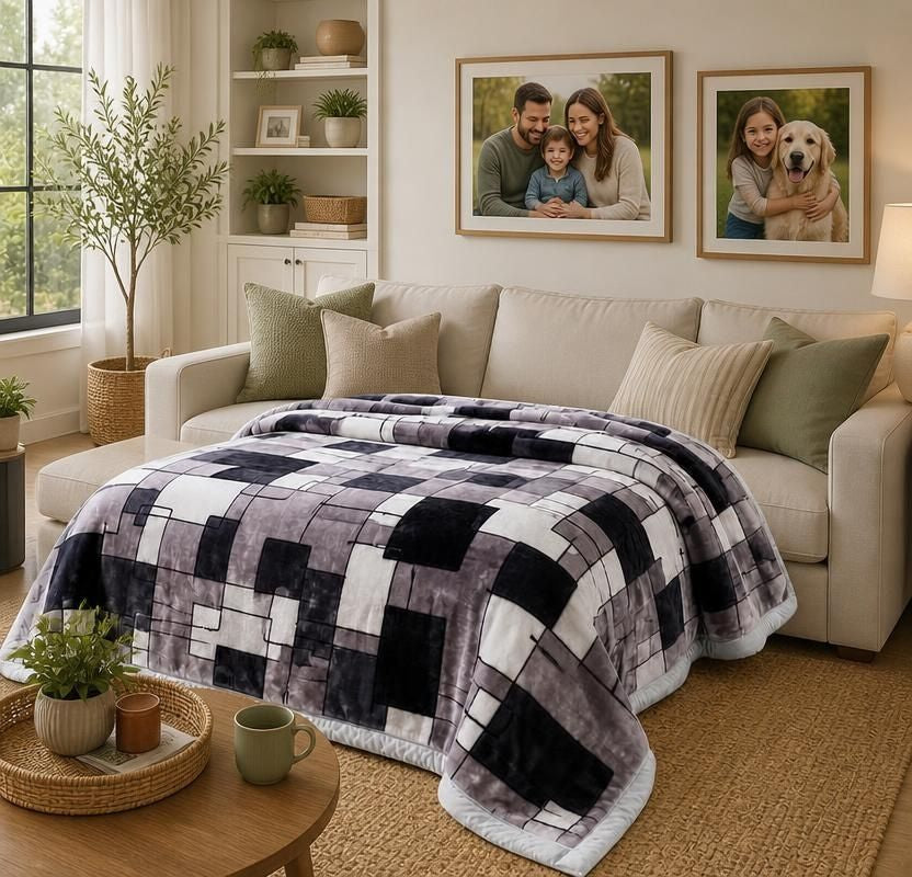 Korean Raschel 2-Ply Heavy Fleece Blanket, 78x90 Queen Size Reversible Geometric Plush Blanket