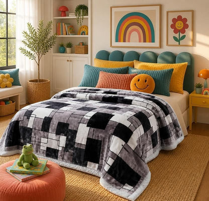 Korean Raschel 2-Ply Heavy Fleece Blanket, 78x90 Queen Size Reversible Geometric Plush Blanket