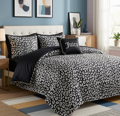 Luxury Black Leopard Satin Comforter Set – 6 or 8-Piece Bedding Ensemble for Glamorous Bedrooms