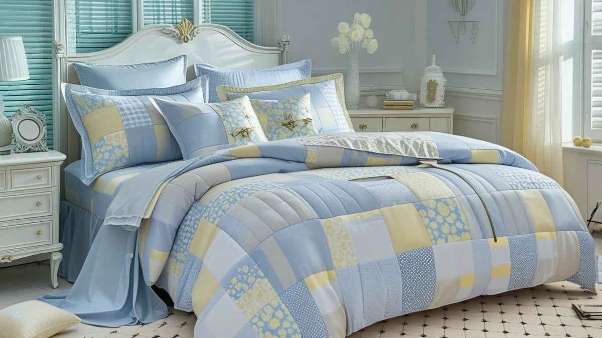 Blue Floral Patchwork Cotton Gauze Duvet Cover Set – Soft Breathable Luxury Bedding