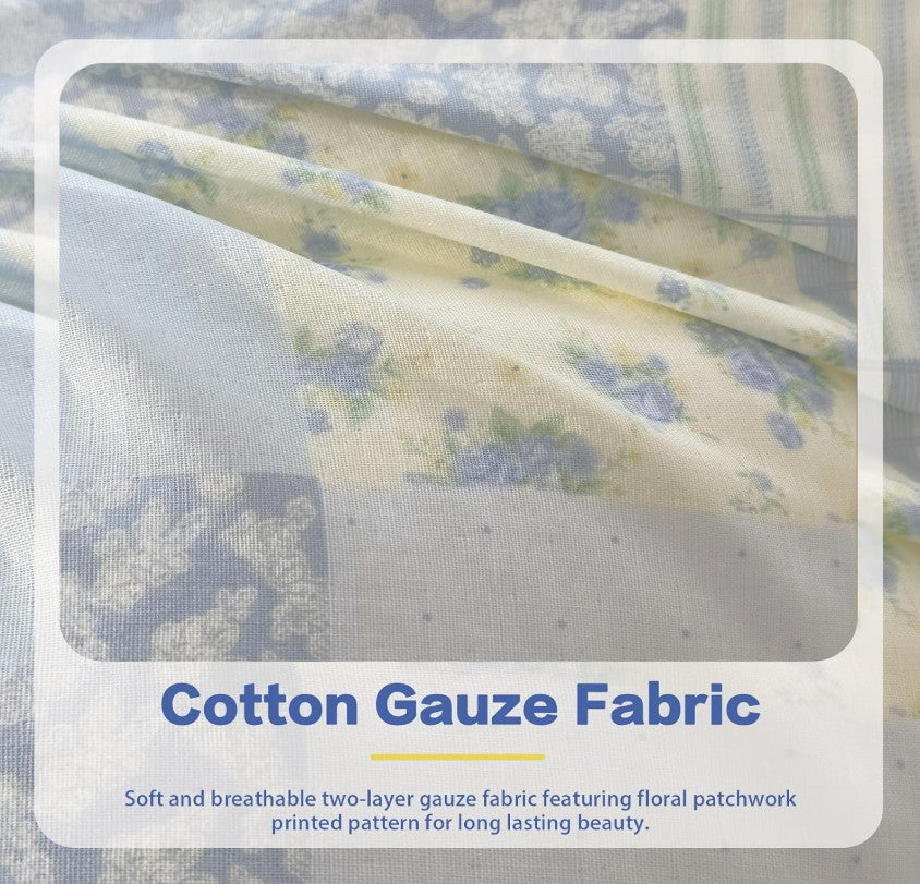 Blue Floral Patchwork Cotton Gauze Duvet Cover Set – Soft Breathable Luxury Bedding