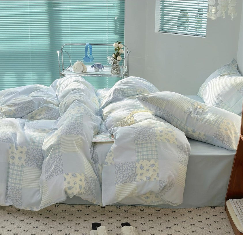 Blue Floral Patchwork Cotton Gauze Duvet Cover Set – Soft Breathable Luxury Bedding