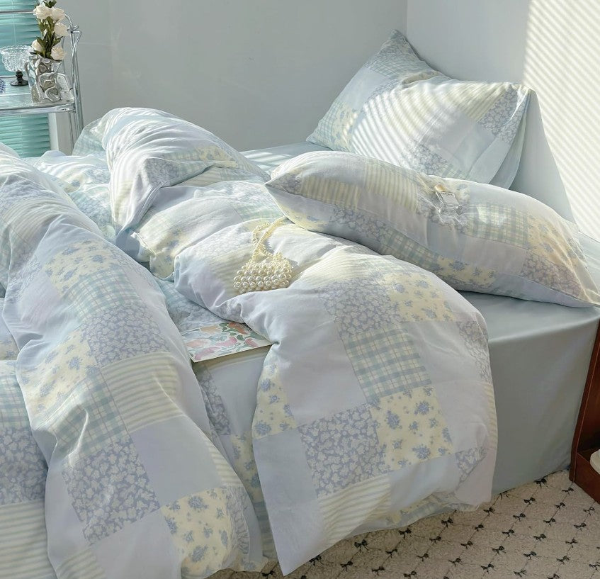 Blue Floral Patchwork Cotton Gauze Duvet Cover Set – Soft Breathable Luxury Bedding
