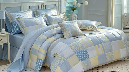 Blue Floral Patchwork Cotton Gauze Duvet Cover Set – Soft Breathable Luxury Bedding